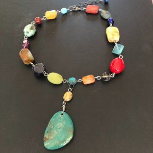 Hand-made gorgeous polished stone necklace with turquoise pendant